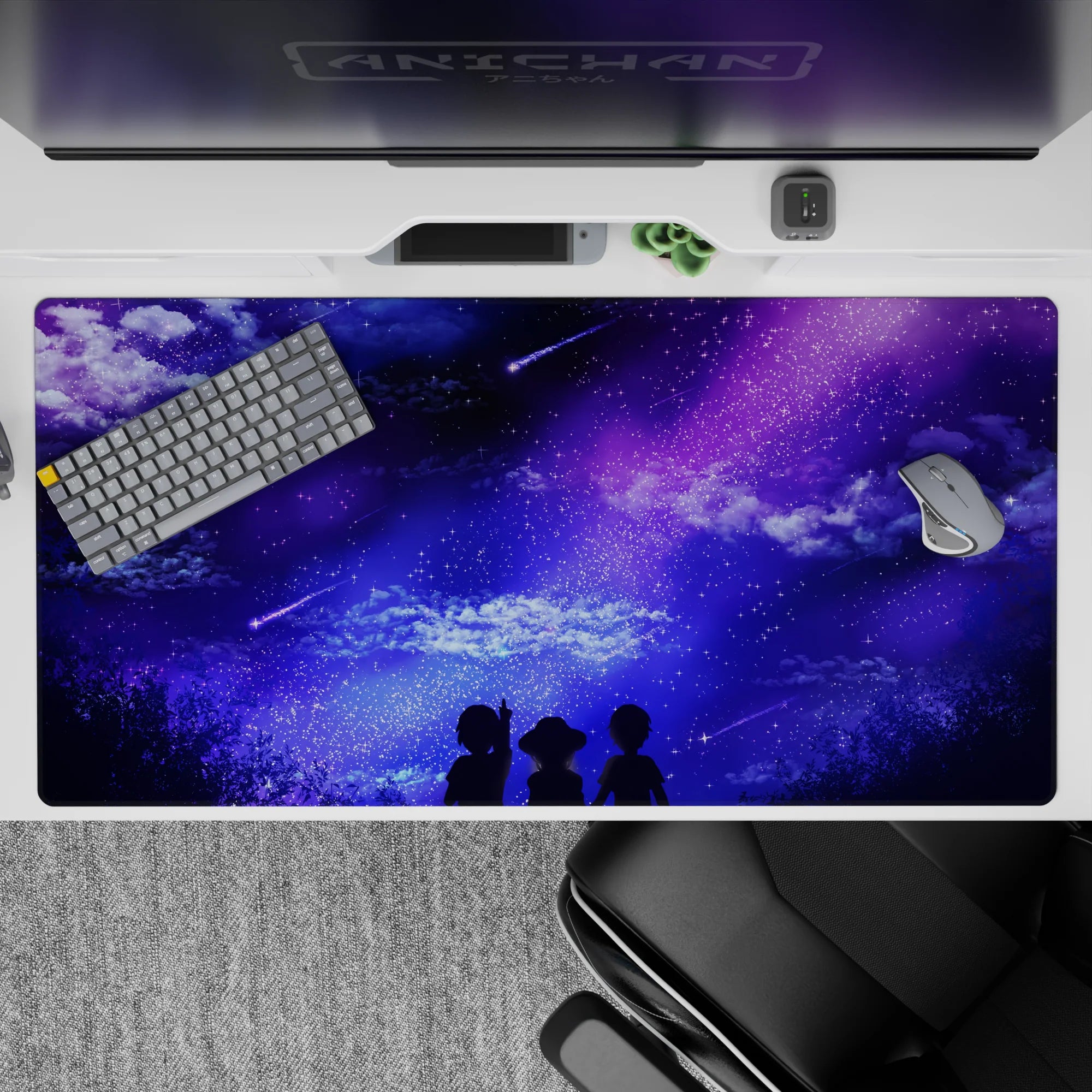 Anime desk pad 40x20 inches featuring silhouettes under a purple galaxy with shooting stars, perfect for dreamers and night owls.