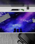Anime desk pad 40x20 inches featuring silhouettes under a purple galaxy with shooting stars, perfect for dreamers and night owls.