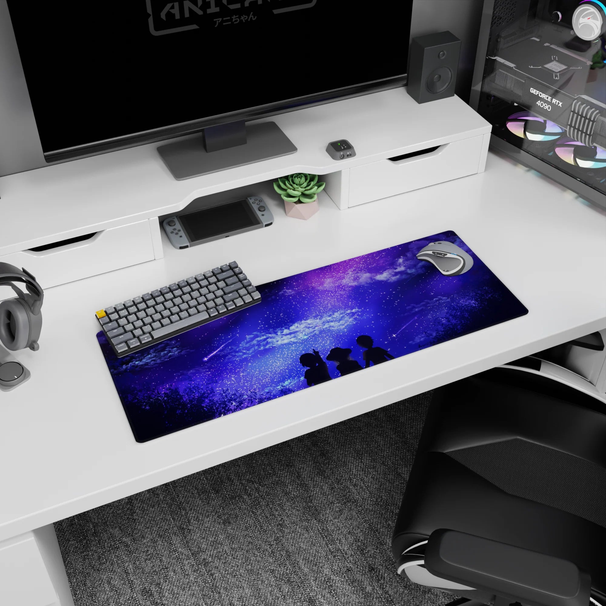 Anime mouse pad 32x12 inches featuring three silhouettes under a purple and blue galaxy sky with shooting stars and clouds.