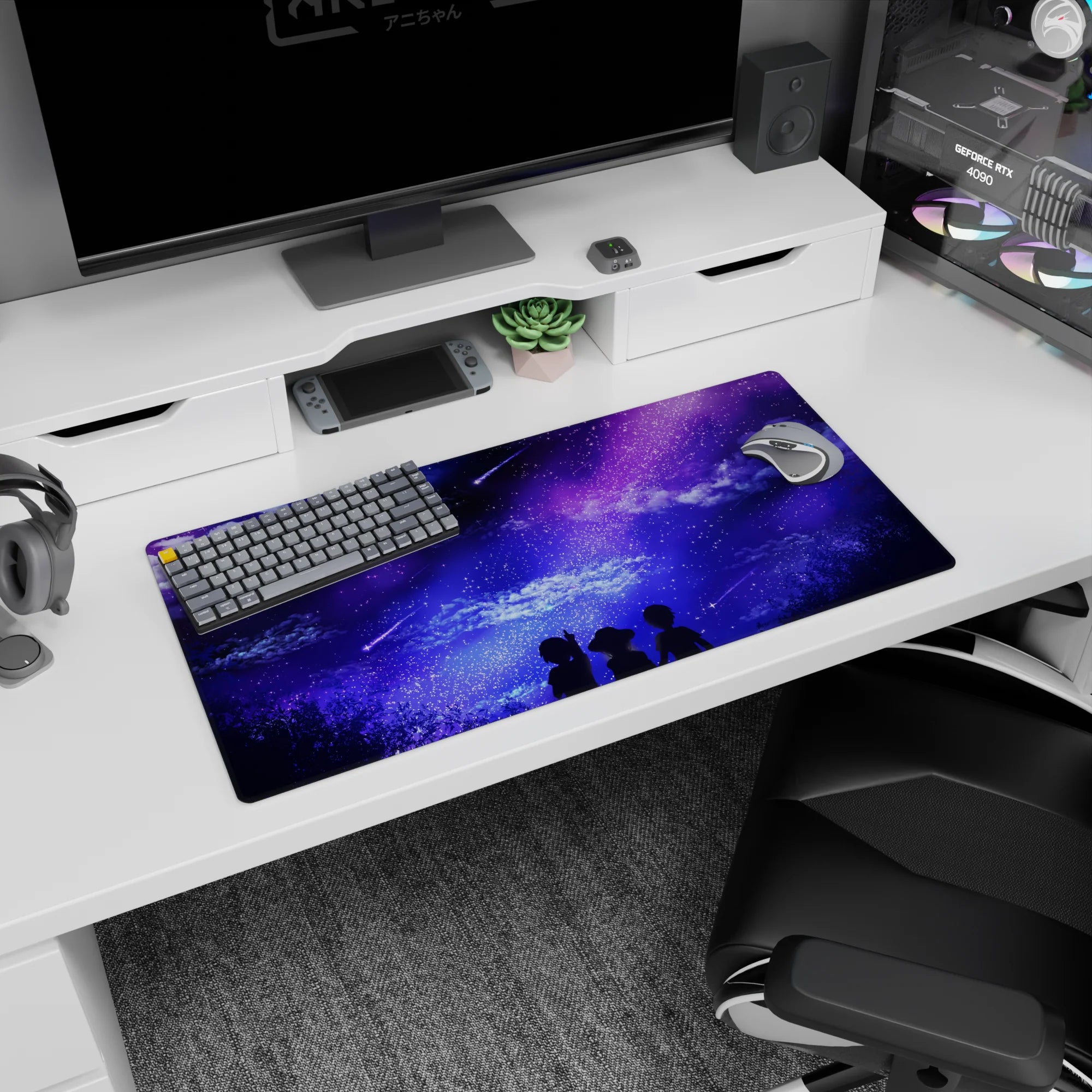 Anime mouse pad 32x16 inches with dreamy skies, shooting stars, and silhouettes under a purple galaxy; perfect for dreamers.