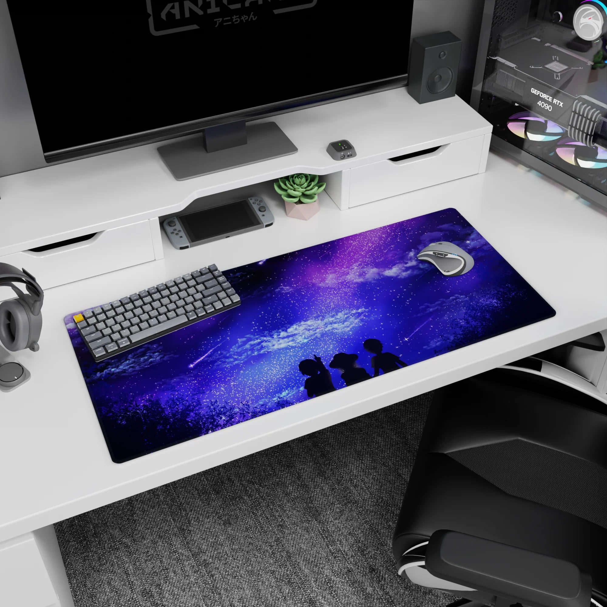 Anime desk pad 36x16 inches with dreamy skies, silhouettes, and galaxy in purples and blues for a cosmic escape.