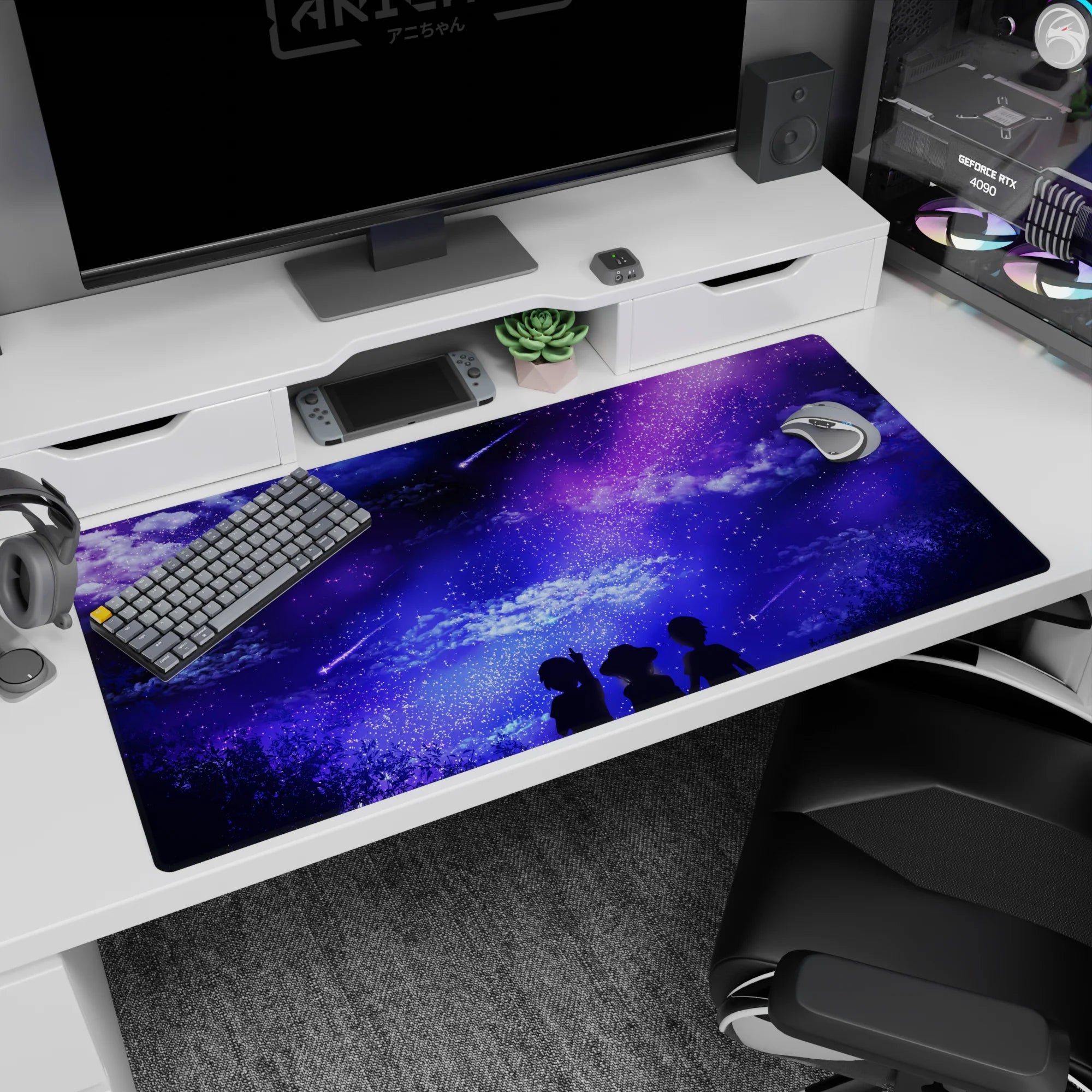 Anime mouse pad 40x20 inches featuring silhouettes under a starry galaxy with purples and blues, perfect for night owls.