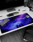Anime mouse pad 40x20 inches featuring silhouettes under a starry galaxy with purples and blues, perfect for night owls.