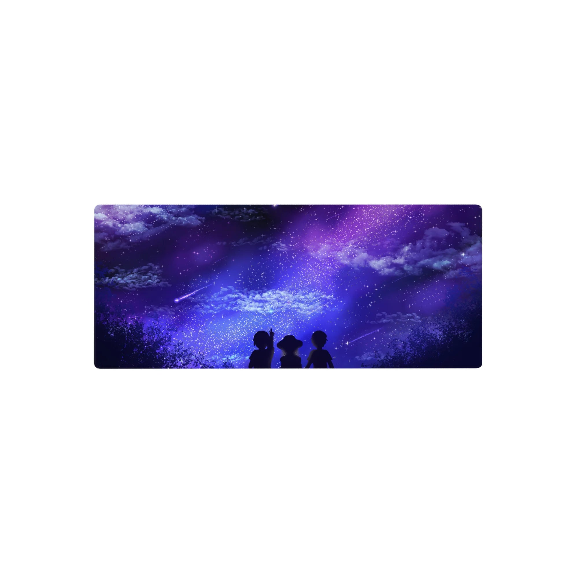 Anime mouse pad 28x12 inches featuring dreamy skies, shooting stars, and three silhouettes under a galaxy of purples and blues.