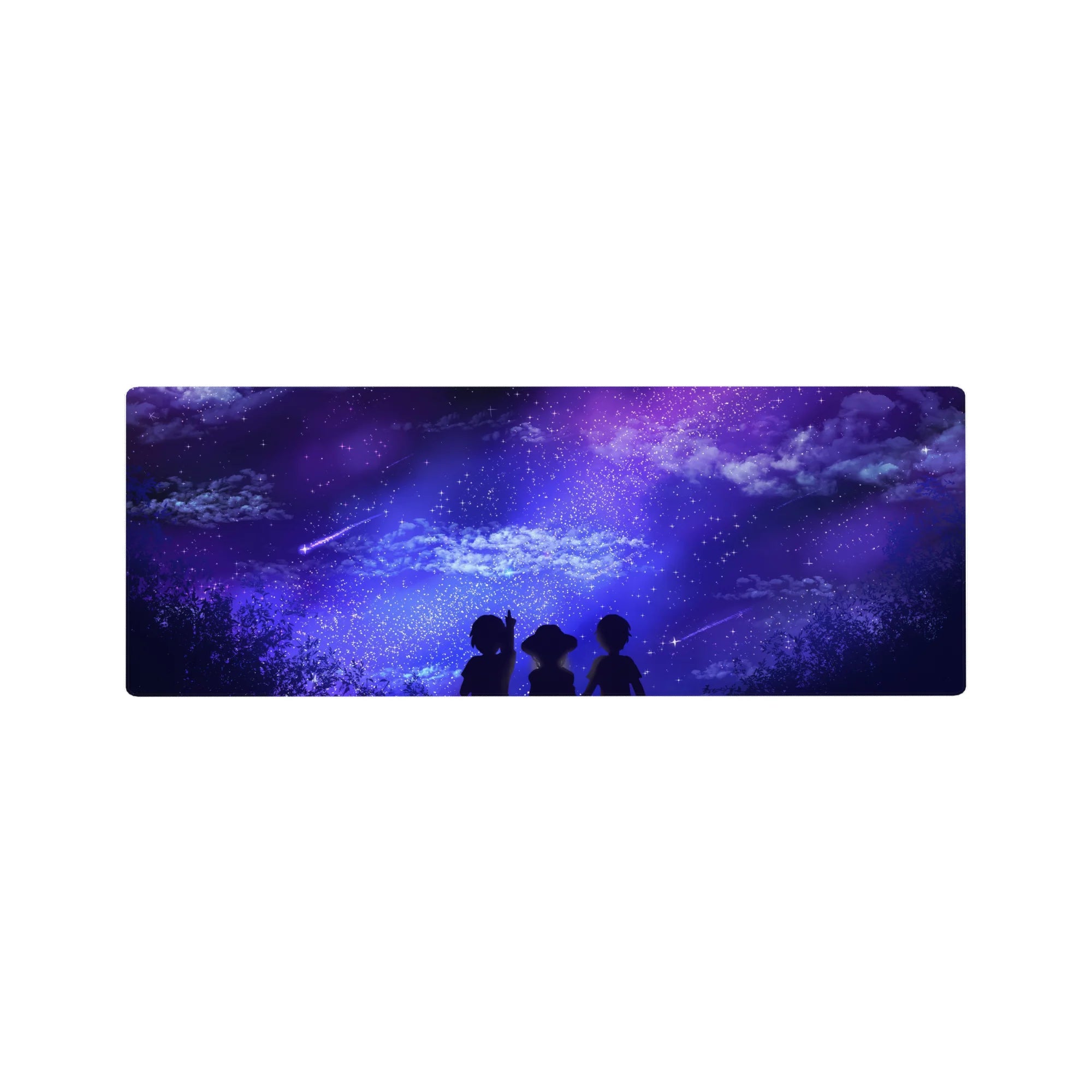 Anime mouse pad 32x12 inches featuring three silhouettes under a dreamy galaxy with purples, deep blues, and shooting stars.
