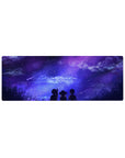 Anime mouse pad 32x12 inches featuring three silhouettes under a dreamy galaxy with purples, deep blues, and shooting stars.