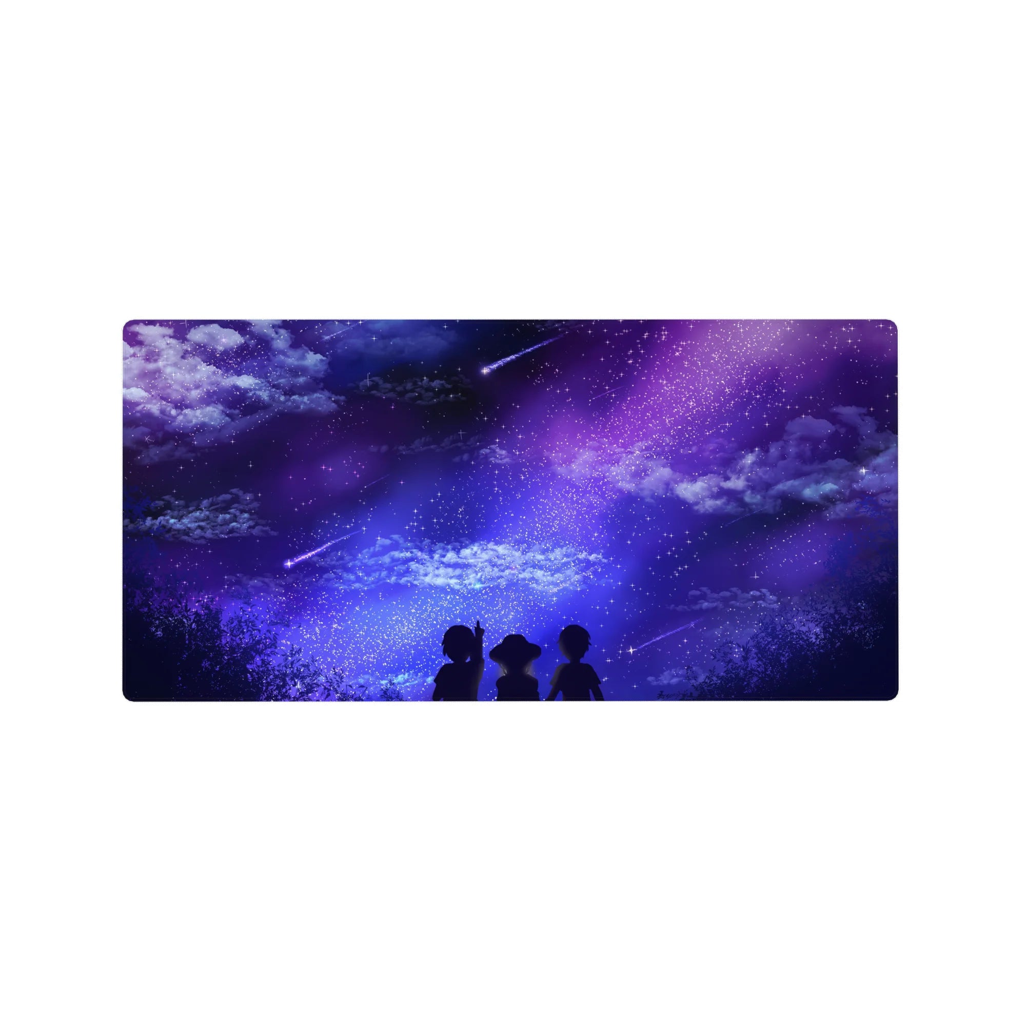 Anime mouse pad 32x16 inches featuring dreamy skies with shooting stars and silhouettes under a purple galaxy.