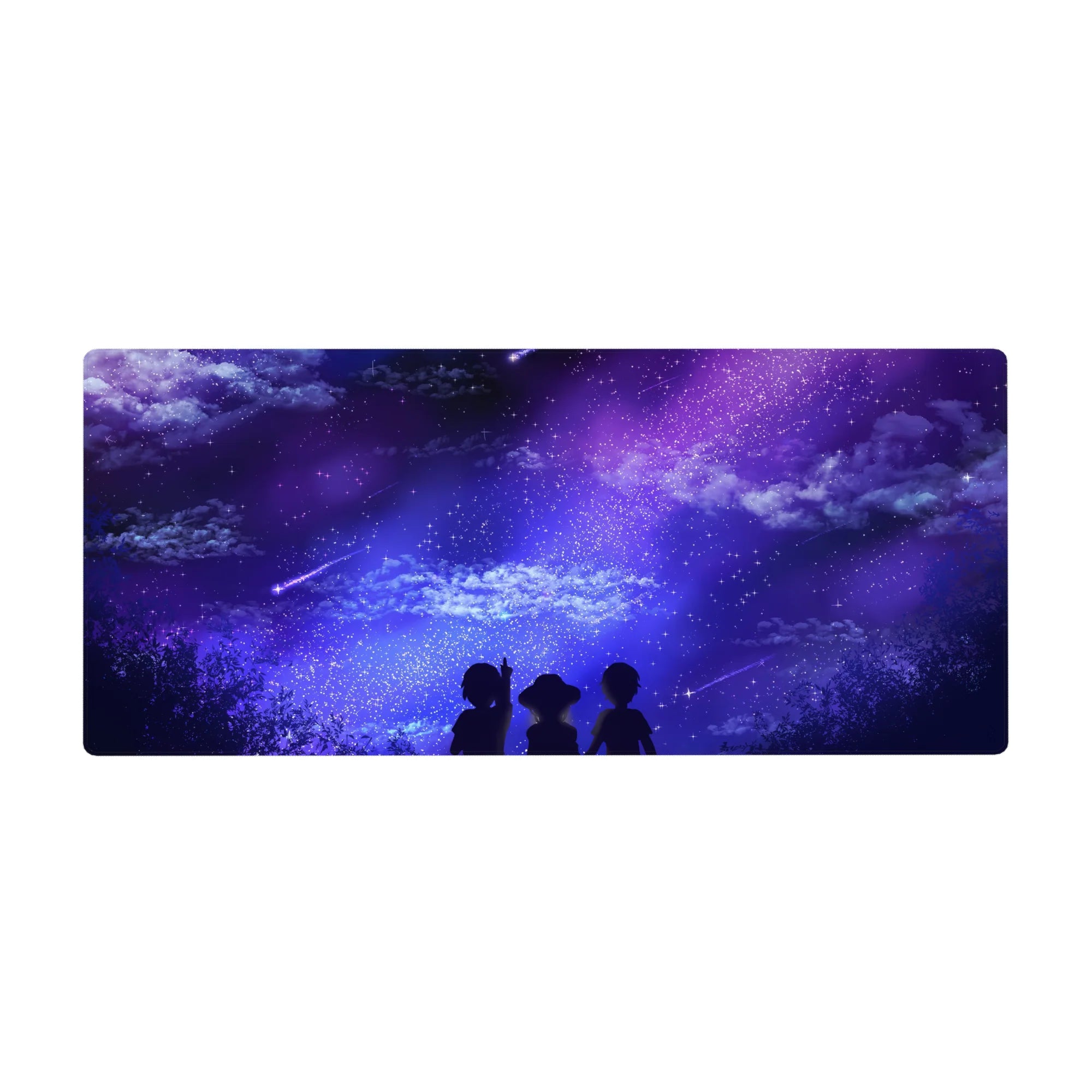 Anime desk pad 36x16 inches with dreamy skies, shooting stars, and silhouettes under a purple galaxy for peaceful workspaces.