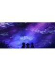 Anime desk pad 36x16 inches with dreamy skies, shooting stars, and silhouettes under a purple galaxy for peaceful workspaces.