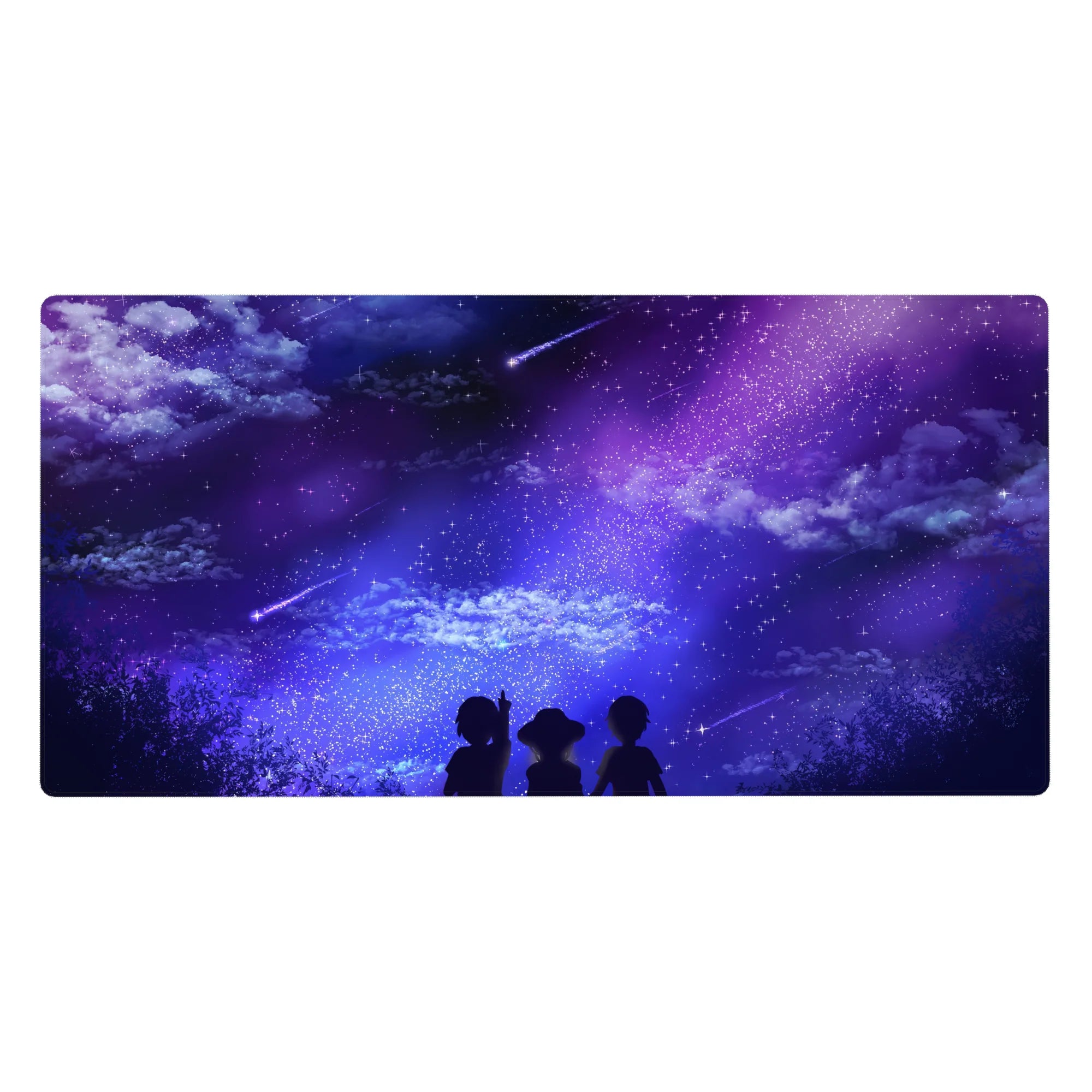 Anime desk pad 40x20 inches featuring dreamy skies, shooting stars, and silhouettes under a galaxy of purples and blues.