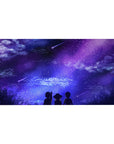 Anime desk pad 40x20 inches featuring dreamy skies, shooting stars, and silhouettes under a galaxy of purples and blues.