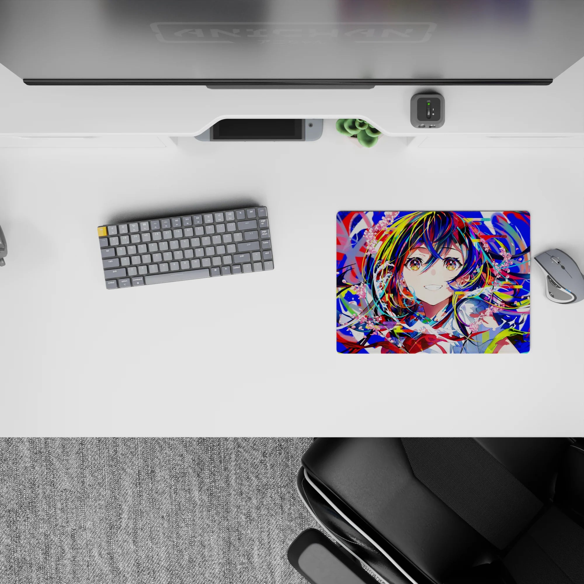 Neon blue, hot red, lime and candy-pink petals on anime girl mouse pad 14x10 inches, upbeat vibe.