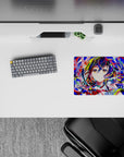 Neon blue, hot red, lime and candy-pink petals on anime girl mouse pad 14x10 inches, upbeat vibe.