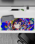 Vibrant 32x12 inches anime girl mouse pad in neon blues, hot reds, lime splashes, and candy-pink.