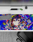 Vibrant 36x16 inches anime desk pad in neon blues, hot reds, lime splashes, and candy-pink petals.