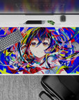 Vibrant 40x20 inches anime desk pad in neon blues, hot reds, lime splashes, and candy-pink petals.