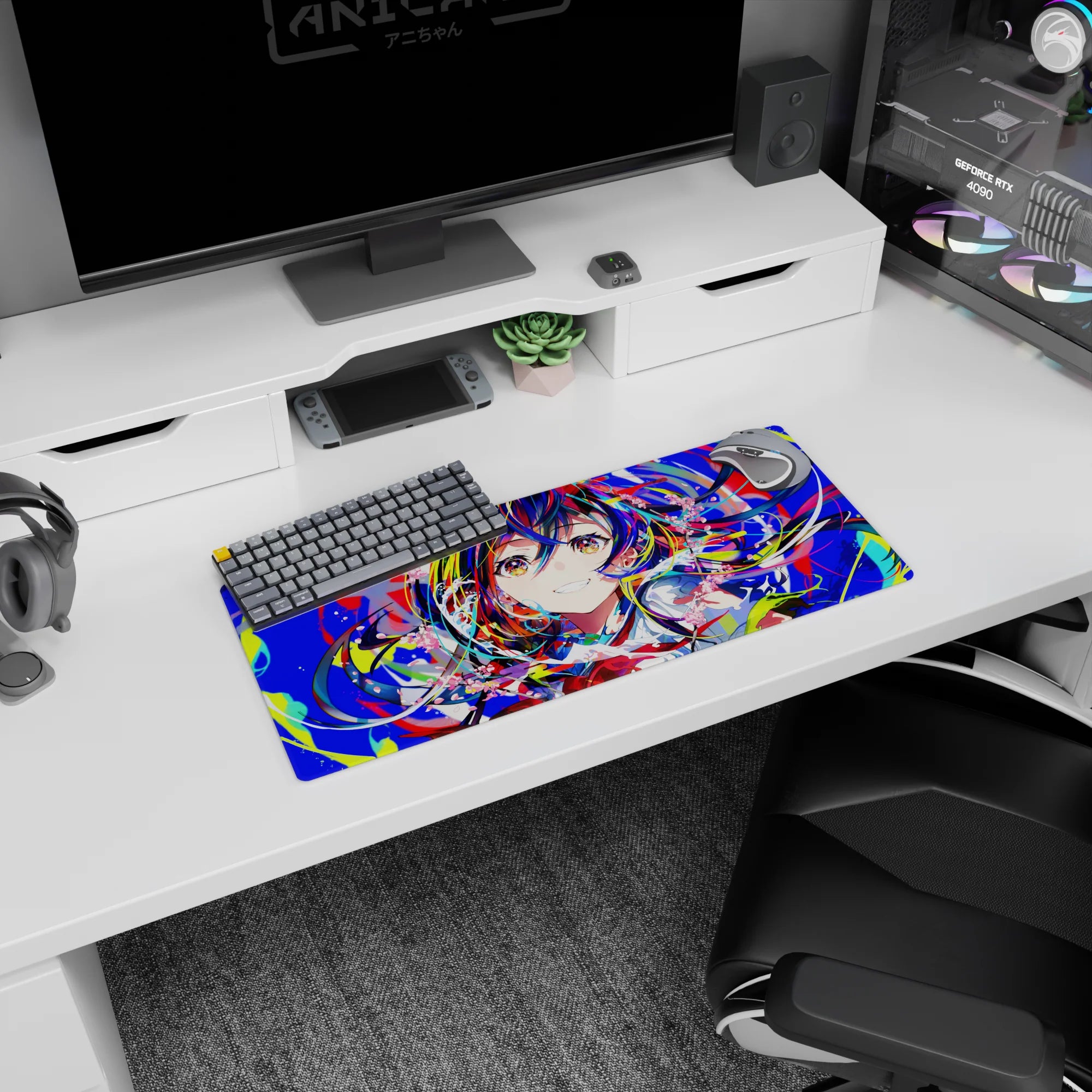 Cheeky anime girl with rainbow-streaked hair and sparkly star-lit eyes on a 28x12 inches desk mouse pad.