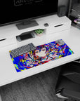 Cheeky anime girl with rainbow-streaked hair and sparkly star-lit eyes on a 28x12 inches desk mouse pad.