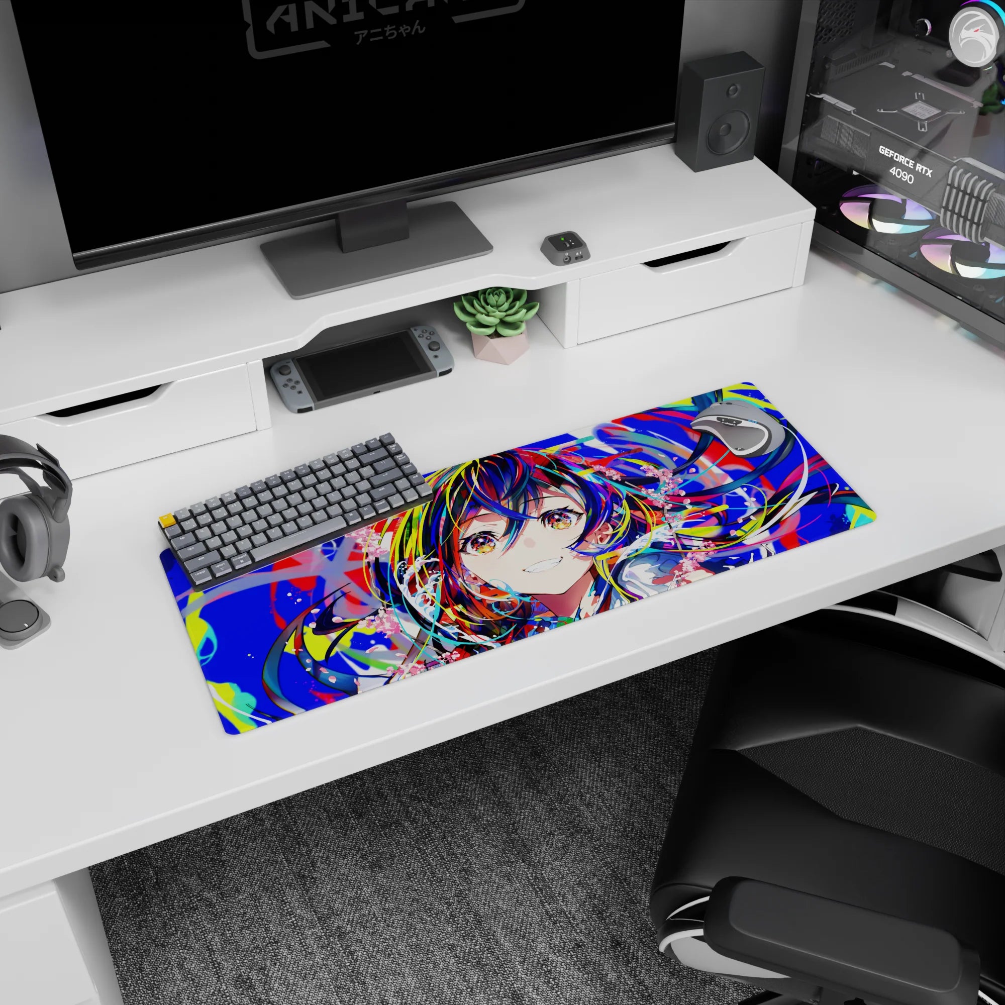 Cheeky anime schoolgirl with sparkly star eyes and flying ribbon on 32x12 inches extended mouse pad.