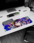 Cheeky anime schoolgirl with sparkly star eyes and flying ribbon on 32x12 inches extended mouse pad.