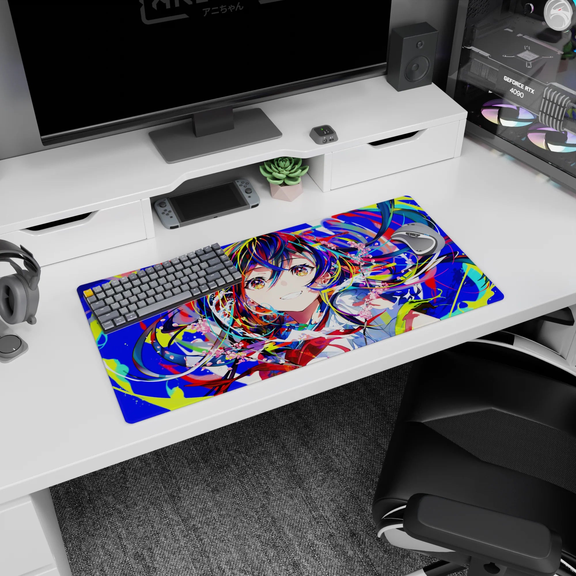 32x16 inches mouse pad featuring a cheerful anime schoolgirl with confetti hair and a cheeky smile.