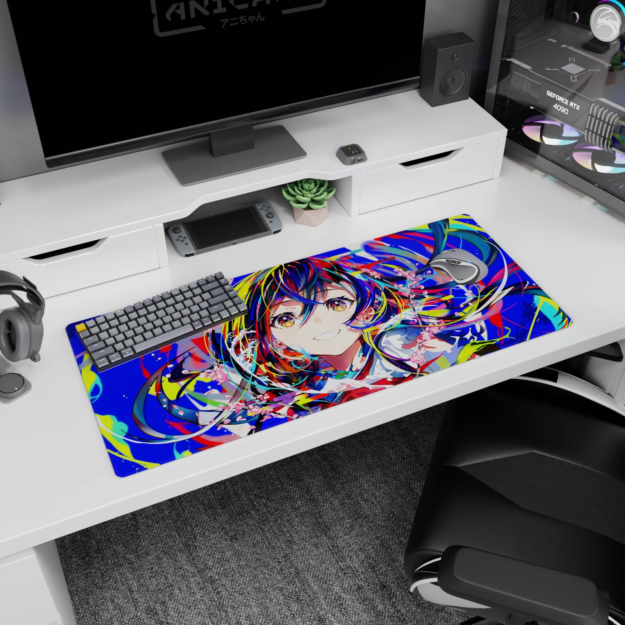 Cheeky anime girl with rainbow-streaked hair and sparkly star-lit eyes on a 36x16 inches desk pad.