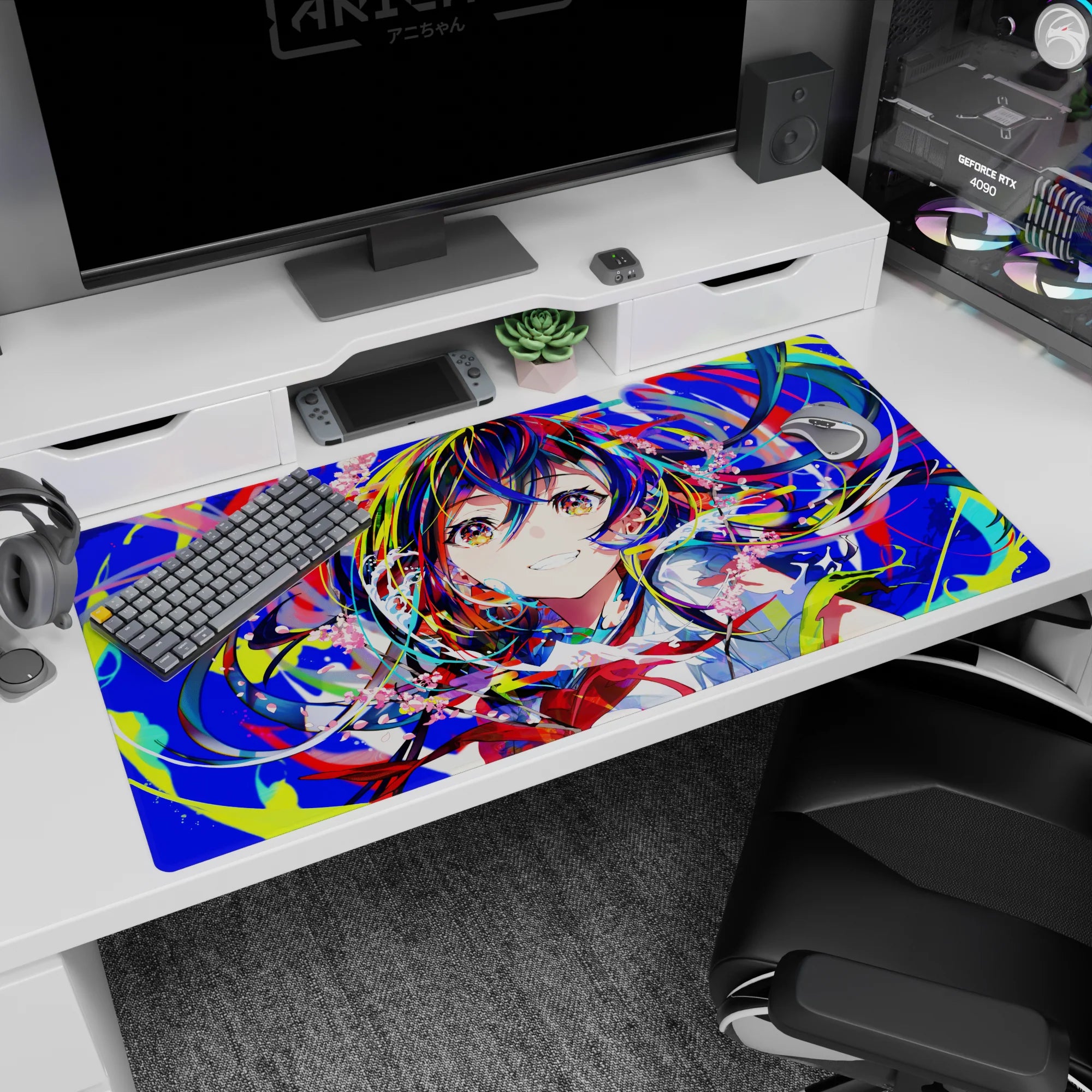 Cheeky anime girl on 40x20 inches desk pad with rainbow hair, sparkly star eyes, and confetti motion.