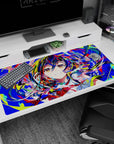 Cheeky anime girl on 40x20 inches desk pad with rainbow hair, sparkly star eyes, and confetti motion.