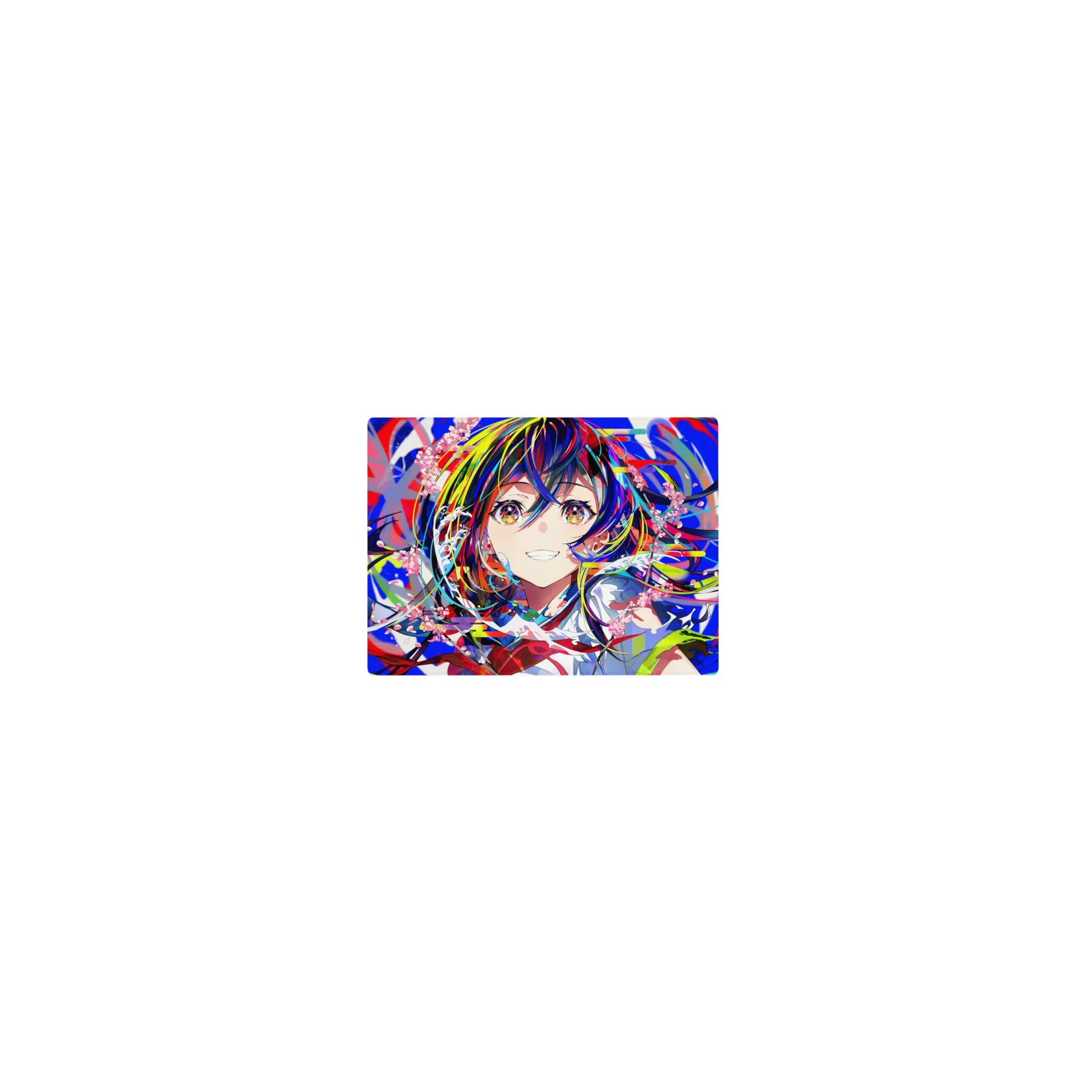 Classic anime girl mouse pad 14x10 inches with rainbow hair, sparkly eyes, school collar, paint-swipe art.