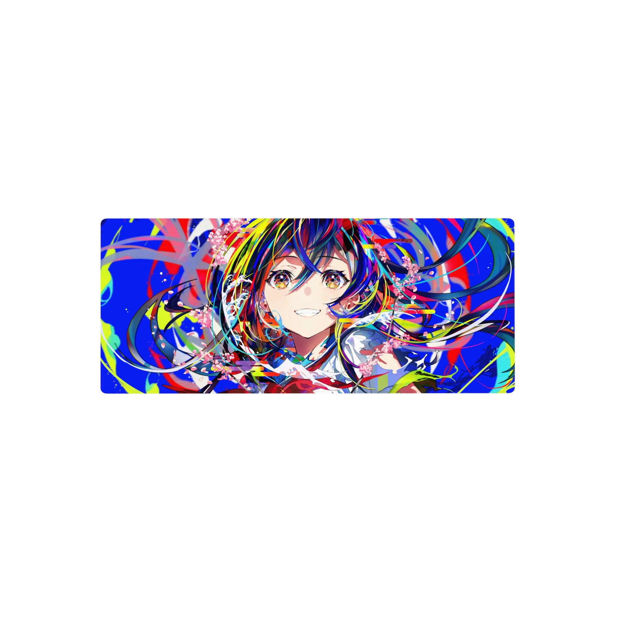 Anime girl mouse pad 28x12 inches with neon paint-swipe background, school collar, ribbon, and petals.