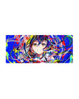 Anime girl mouse pad 28x12 inches with neon paint-swipe background, school collar, ribbon, and petals.