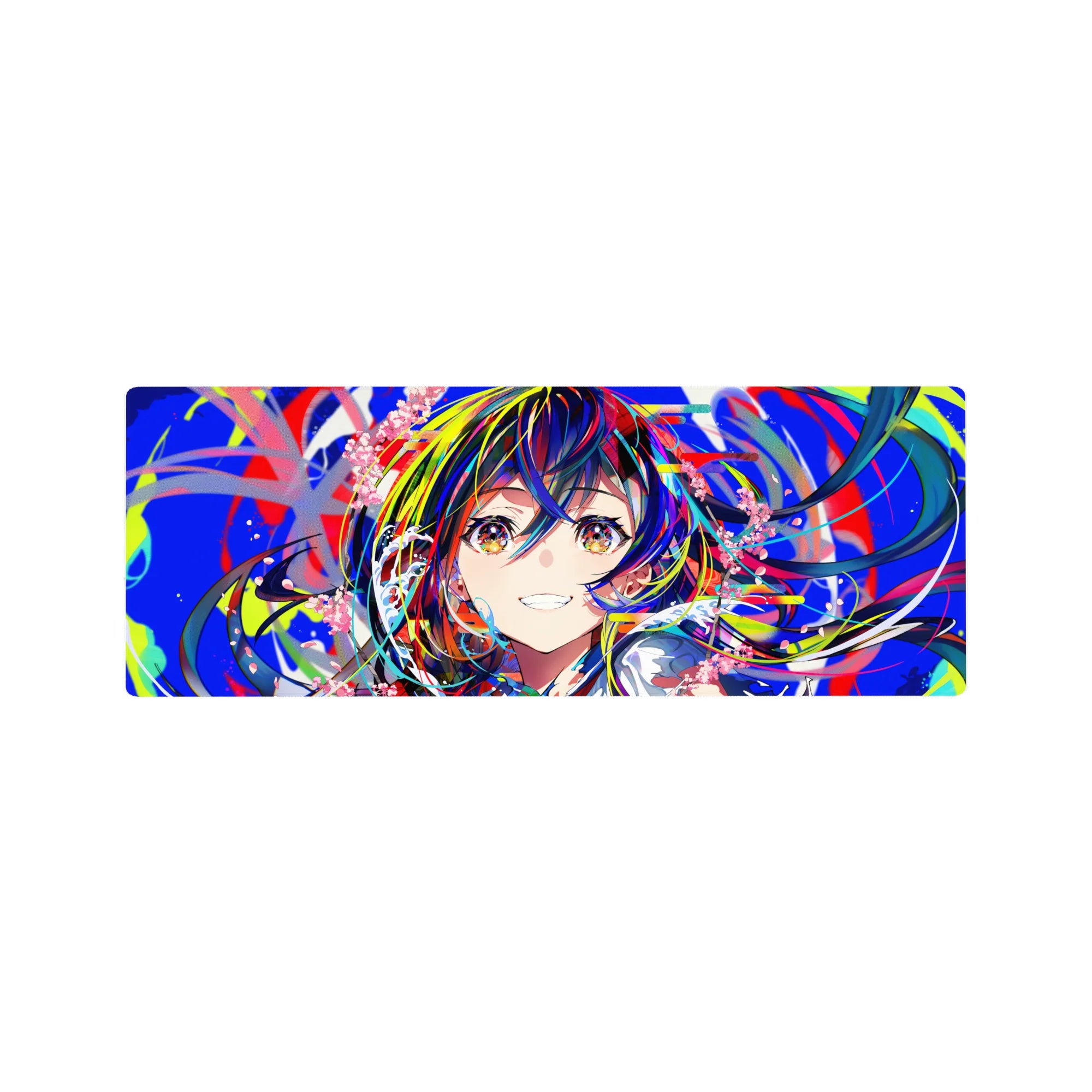 Neon anime girl desk mouse pad 32x12 inches with rainbow hair, petals, and paint-swipe background.