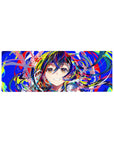 Neon anime girl desk mouse pad 32x12 inches with rainbow hair, petals, and paint-swipe background.