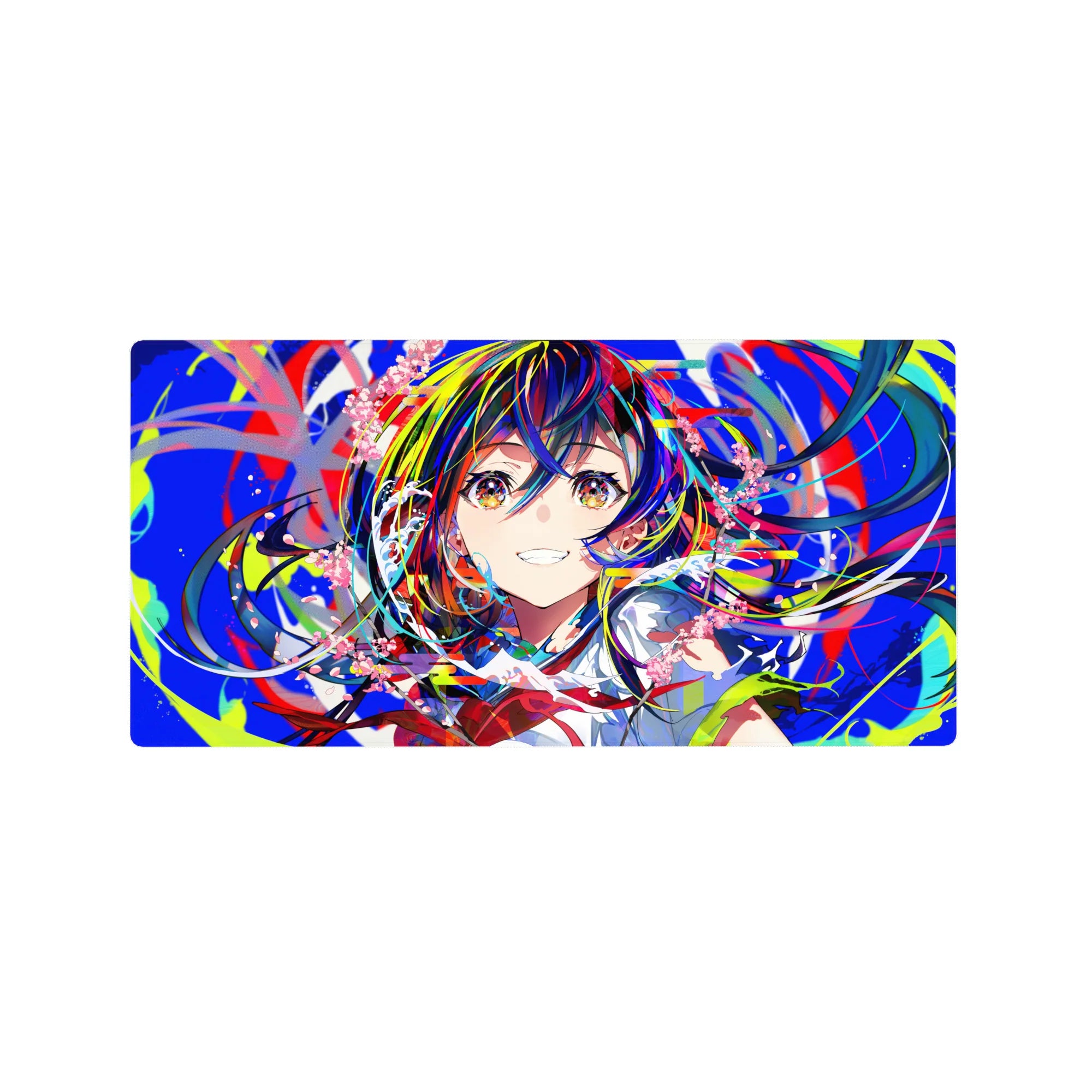 32x16 inches anime girl mouse pad with rainbow hair, starry eyes, school collar, and paint-swipe backdrop.