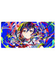 32x16 inches anime girl mouse pad with rainbow hair, starry eyes, school collar, and paint-swipe backdrop.