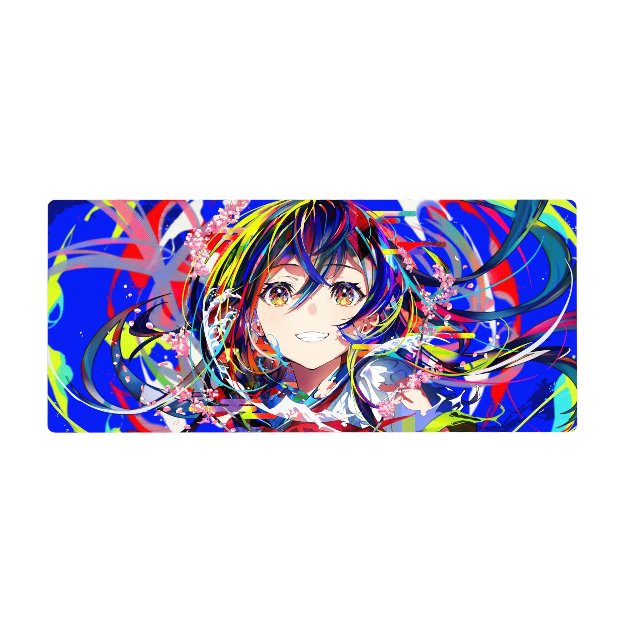 Anime girl desk pad 36x16 inches with neon paint-swipe background, school collar, and flowing ribbon.