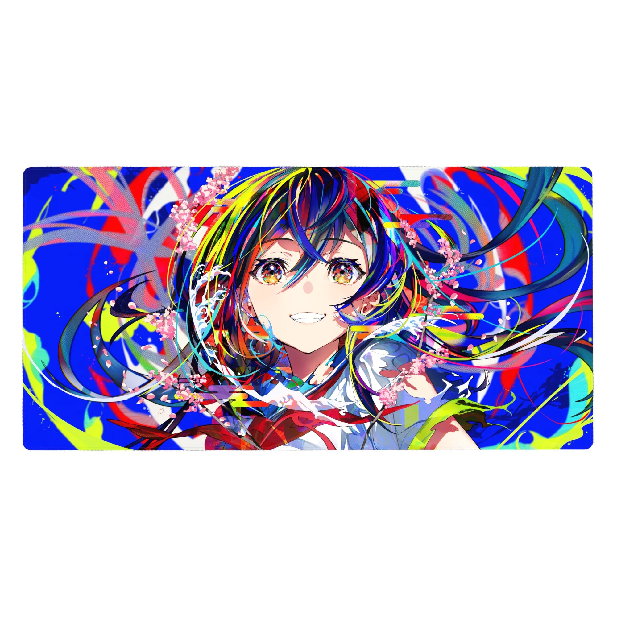 Anime girl desk pad 40x20 inches with neon paint-swipe background, school collar, ribbon, and petals.
