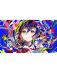 Anime girl desk pad 40x20 inches with neon paint-swipe background, school collar, ribbon, and petals.