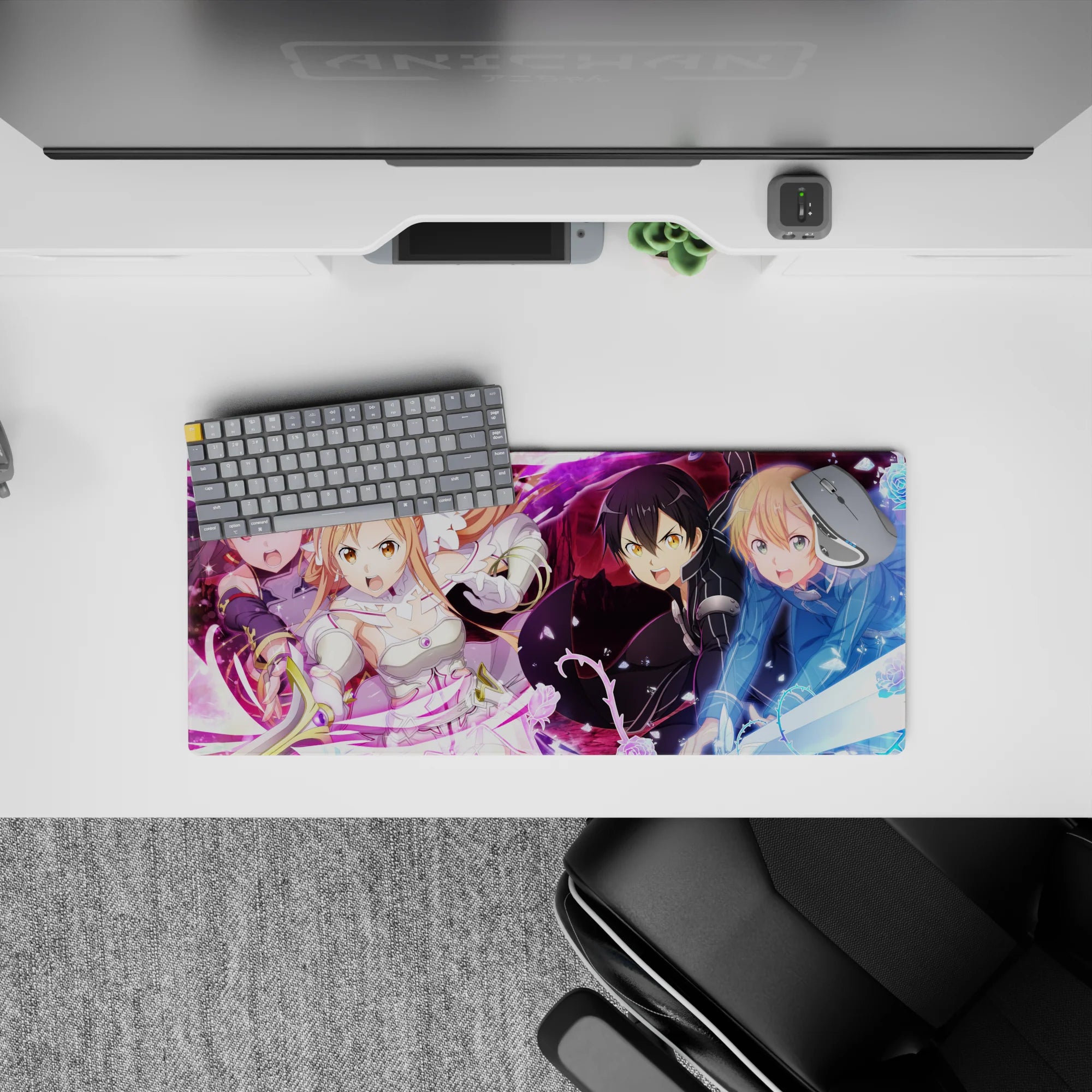 Sword Art Online mouse pad 28x12 inches featuring Kirito, Asuna, Alice, Eugeo, and Yuuki in a vibrant battle scene.
