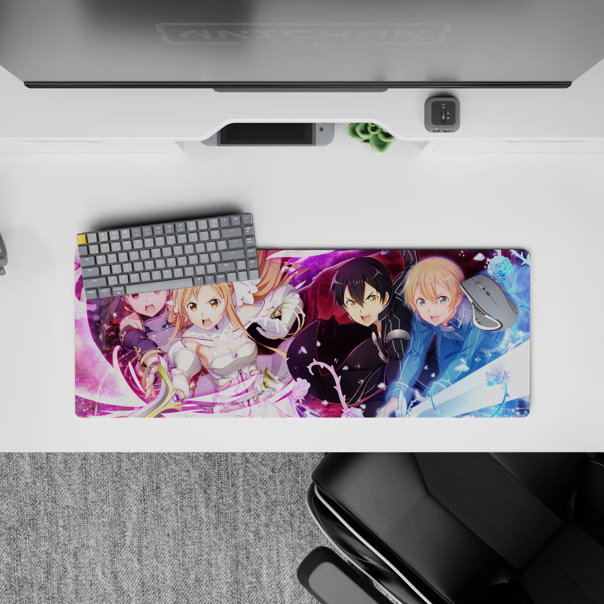 Anime mouse pad 32x12 inches featuring Sword Art Online's Kirito, Asuna, Alice, Eugeo, and Yuuki in battle scene.