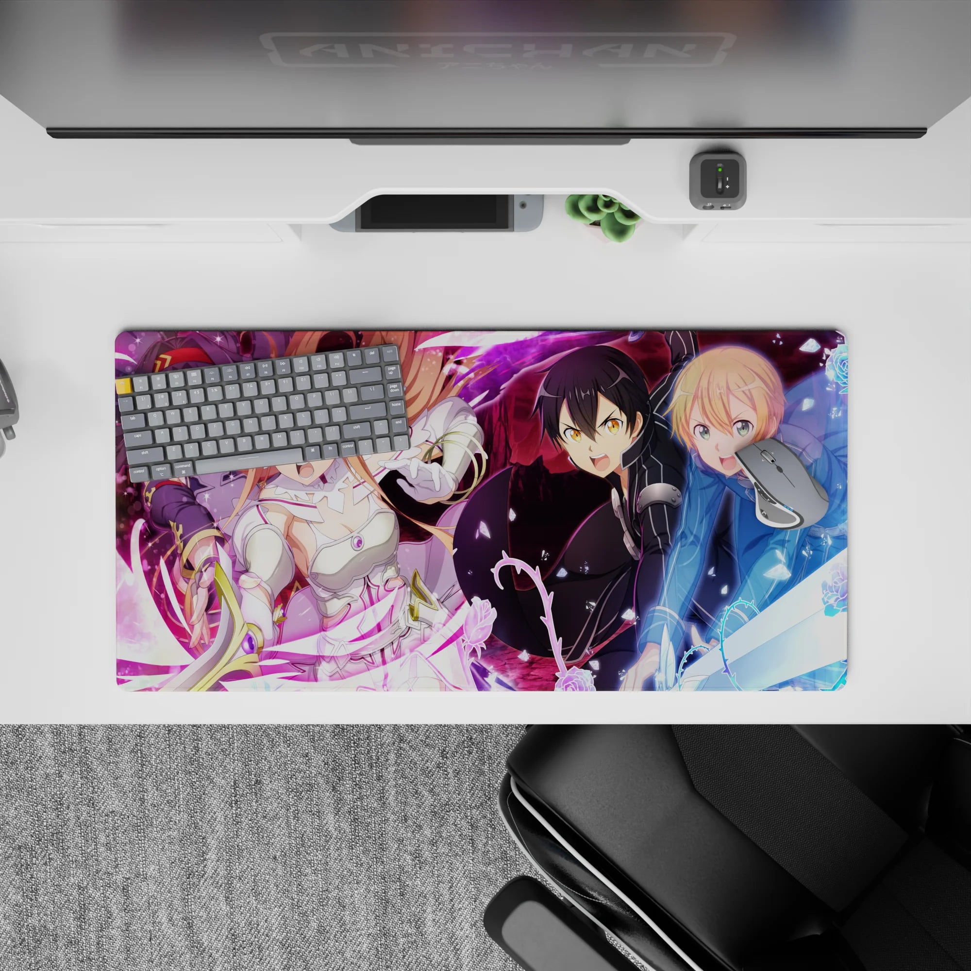Sword Art Online mouse pad 32x16 inches featuring Kirito, Asuna, Alice, Eugeo, and Yuuki in a dynamic battle scene.