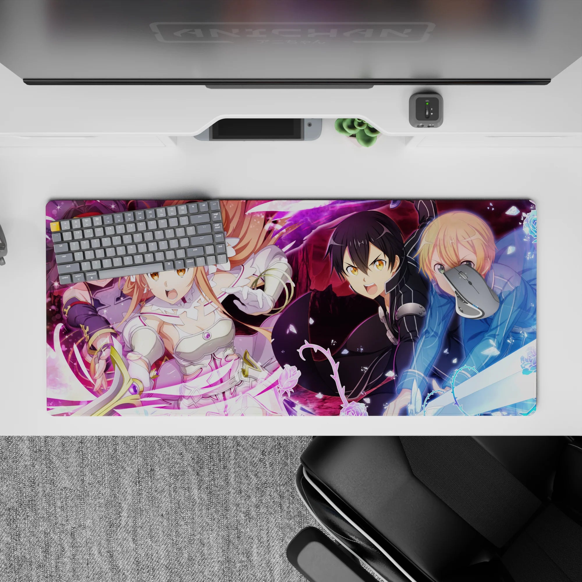 Sword Art Online 36x16 inch anime desk pad featuring Kirito, Asuna, Alice, Eugeo, and Yuuki in vibrant battle scene.