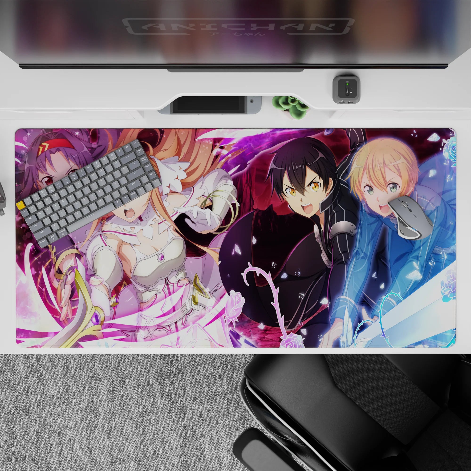 Sword Art Online anime desk pad 40x20 inches featuring Kirito, Asuna, Alice, Eugeo, and Yuuki in dynamic battle scene.