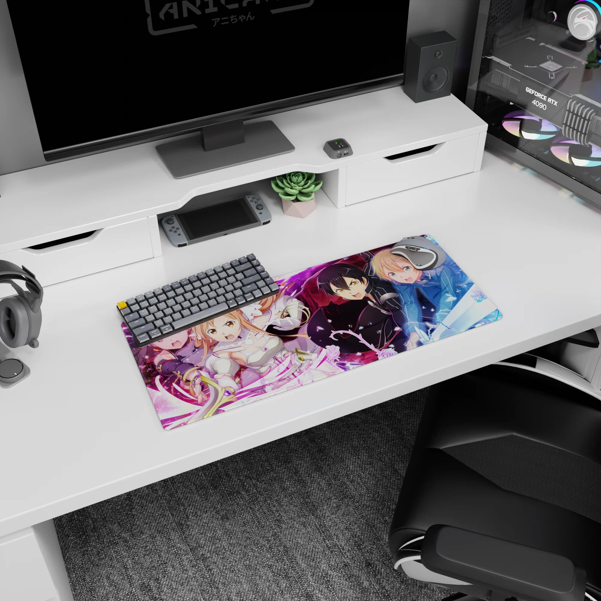 Sword Art Online anime mouse pad 28x12 inches featuring Kirito, Asuna, Alice, Eugeo, and Yuuki in dynamic battle scene.