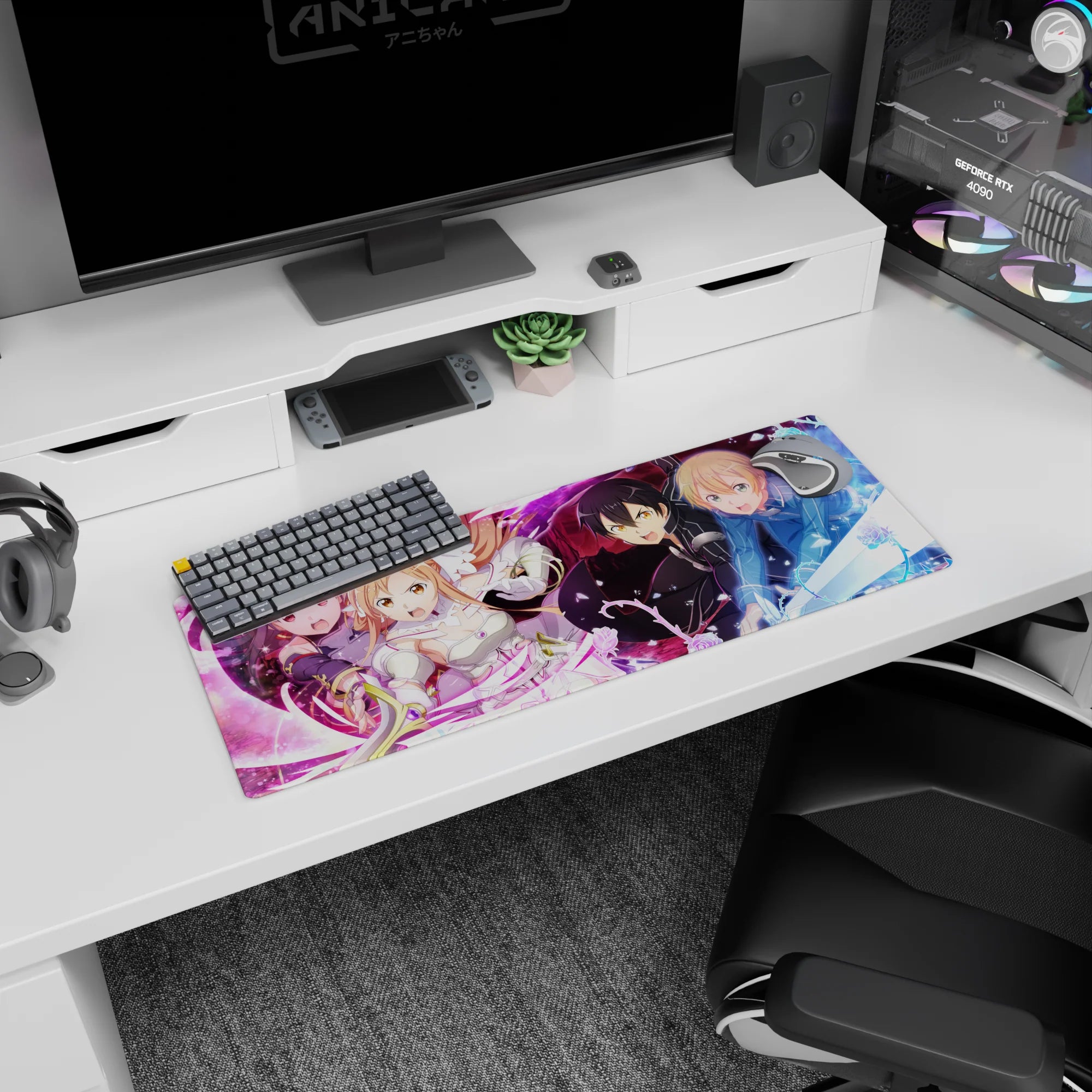 Anime mouse pad 32x12 inches featuring Kirito, Asuna, Alice, Eugeo, and Yuuki from Sword Art Online in vibrant battle scene.