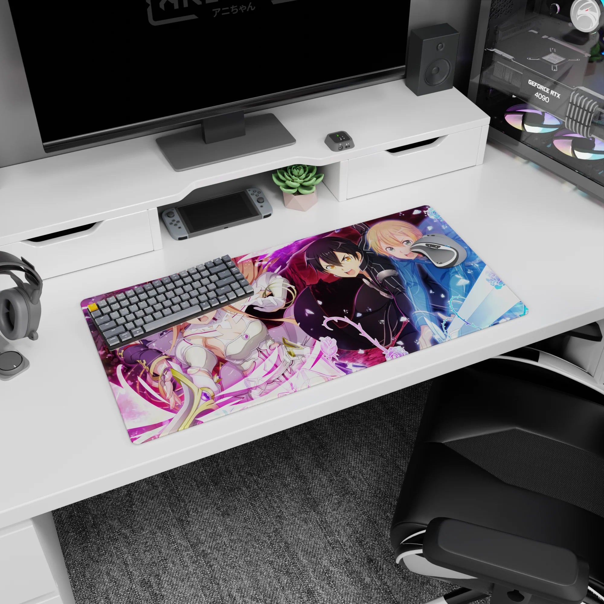 Sword Art Online mouse pad featuring Kirito, Asuna, Alice, Eugeo, and Yuuki in battle, vibrant colors, 32x16 inches.