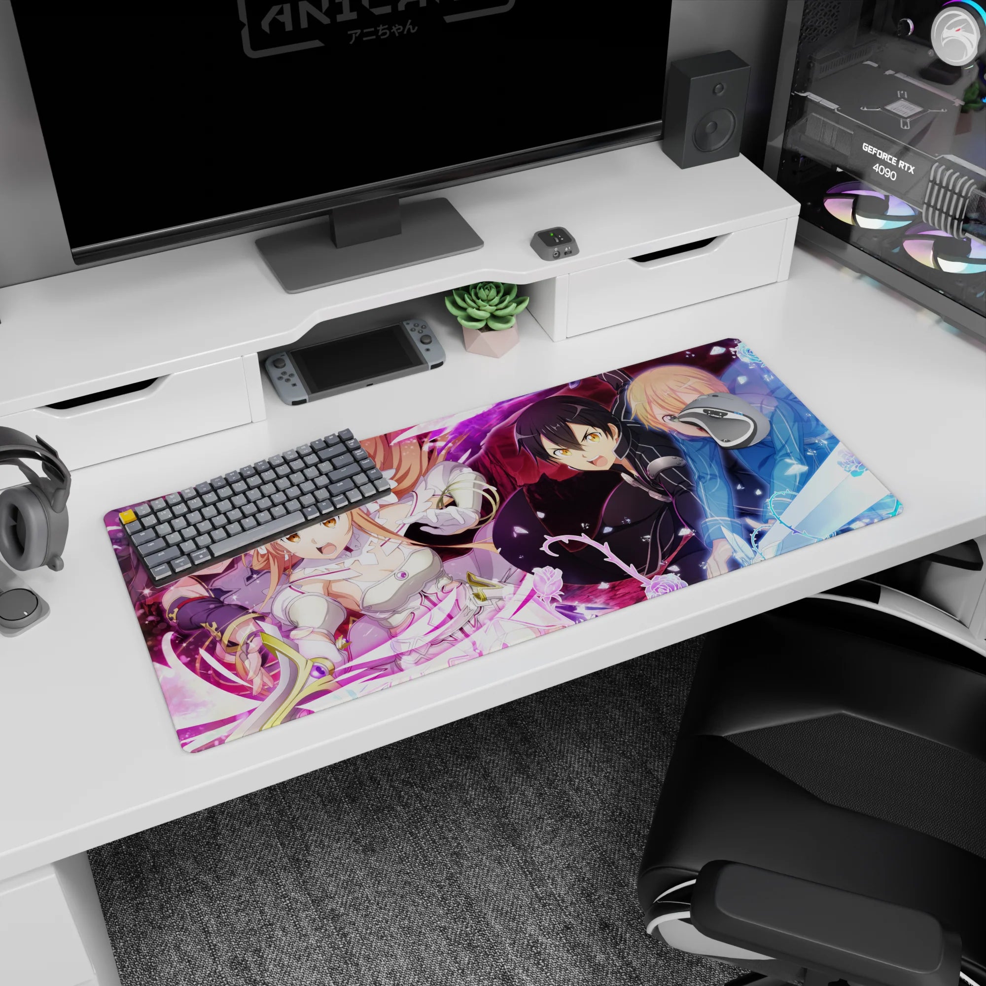 Anime desk pad 36x16 inches featuring Sword Art Online's Kirito, Asuna, Alice, Eugeo, Yuuki in vibrant battle scene.