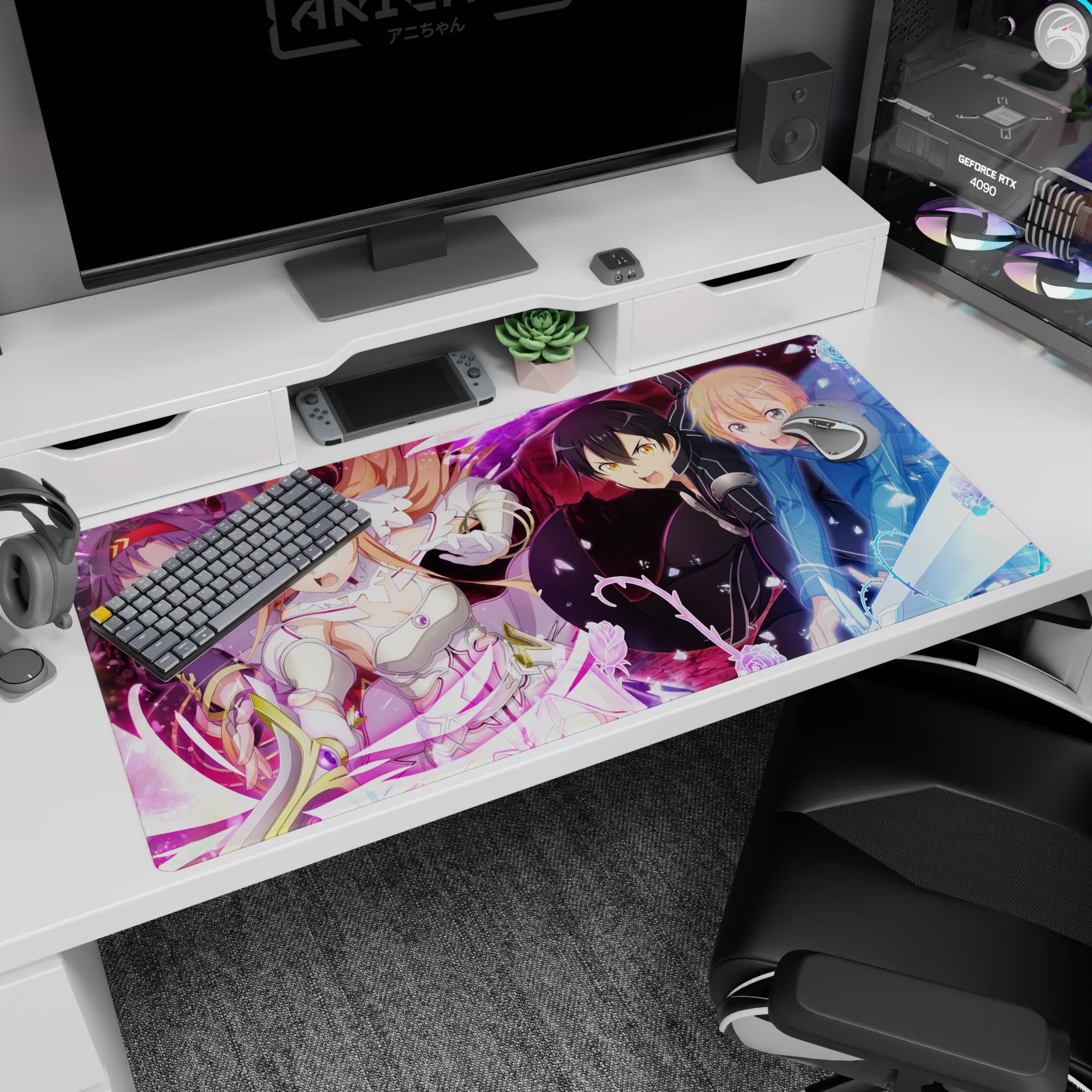 Anime desk pad 40x20 inches featuring Kirito, Asuna, Alice, Eugeo, and Yuuki from Sword Art Online in a vivid battle scene.