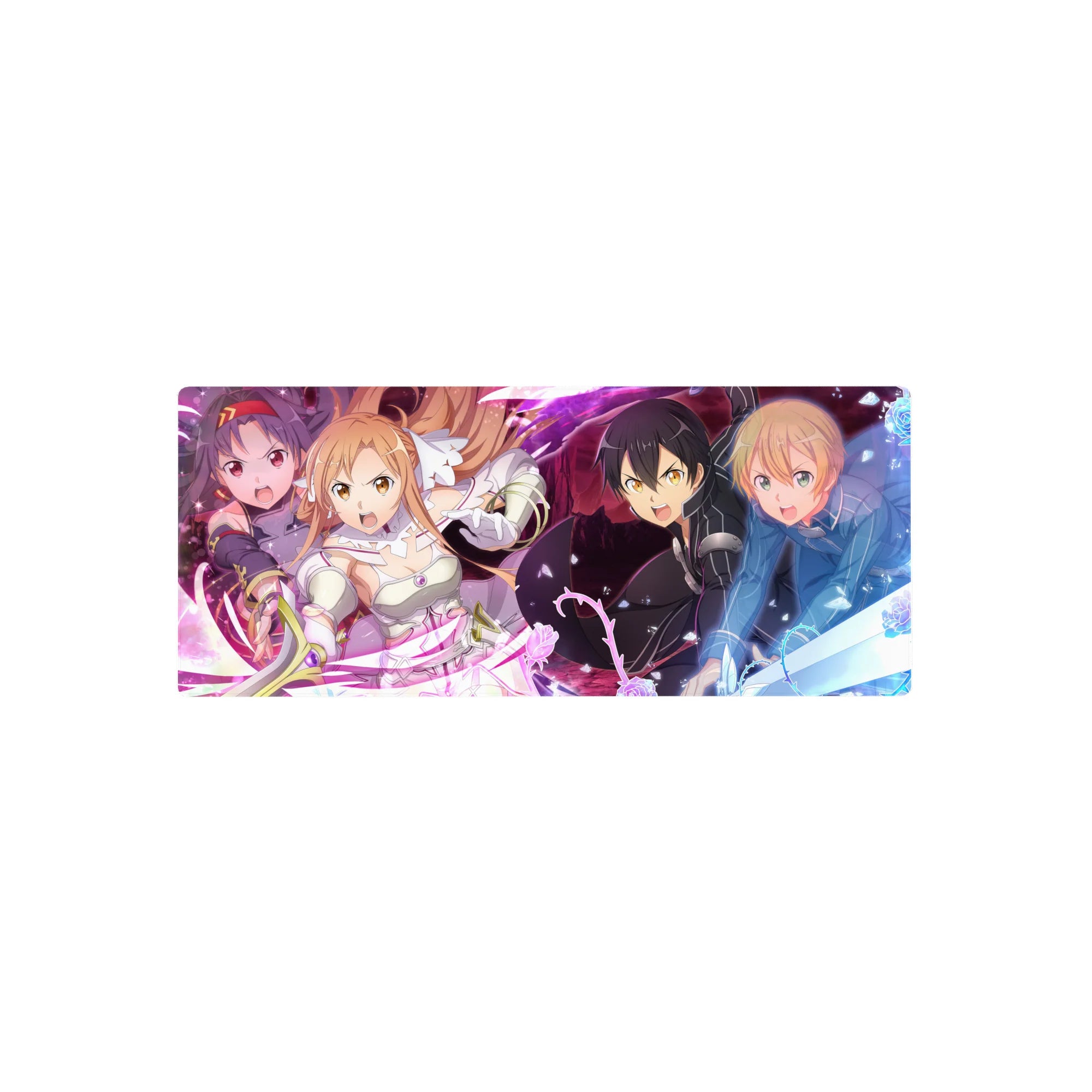 Anime mouse pad 28x12 inches featuring Kirito, Asuna, Alice, Eugeo, and Yuuki from Sword Art Online in dynamic battle.