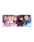 Anime mouse pad 28x12 inches featuring Kirito, Asuna, Alice, Eugeo, and Yuuki from Sword Art Online in dynamic battle.